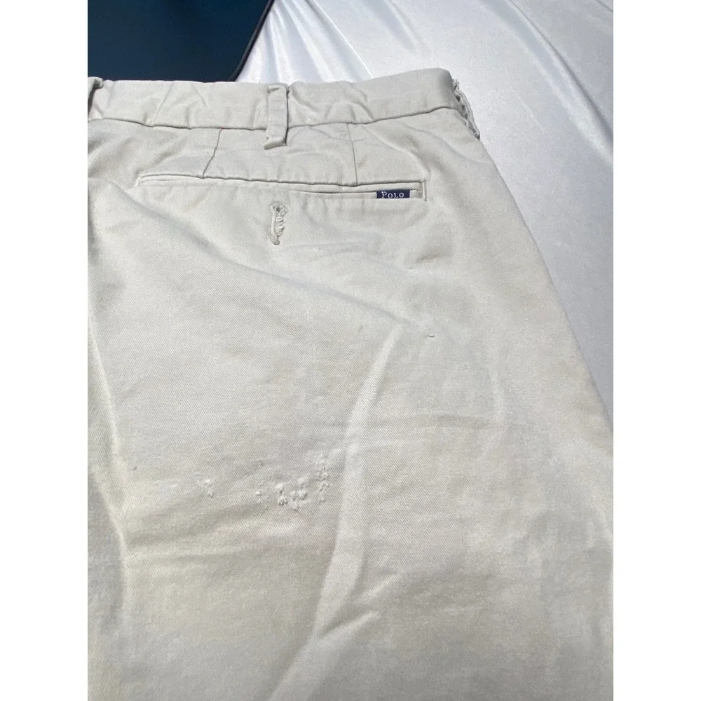 Polo Ralph Lauren Mens Stretch Classic Fit Chino Pants Cream 40x30 Distressed